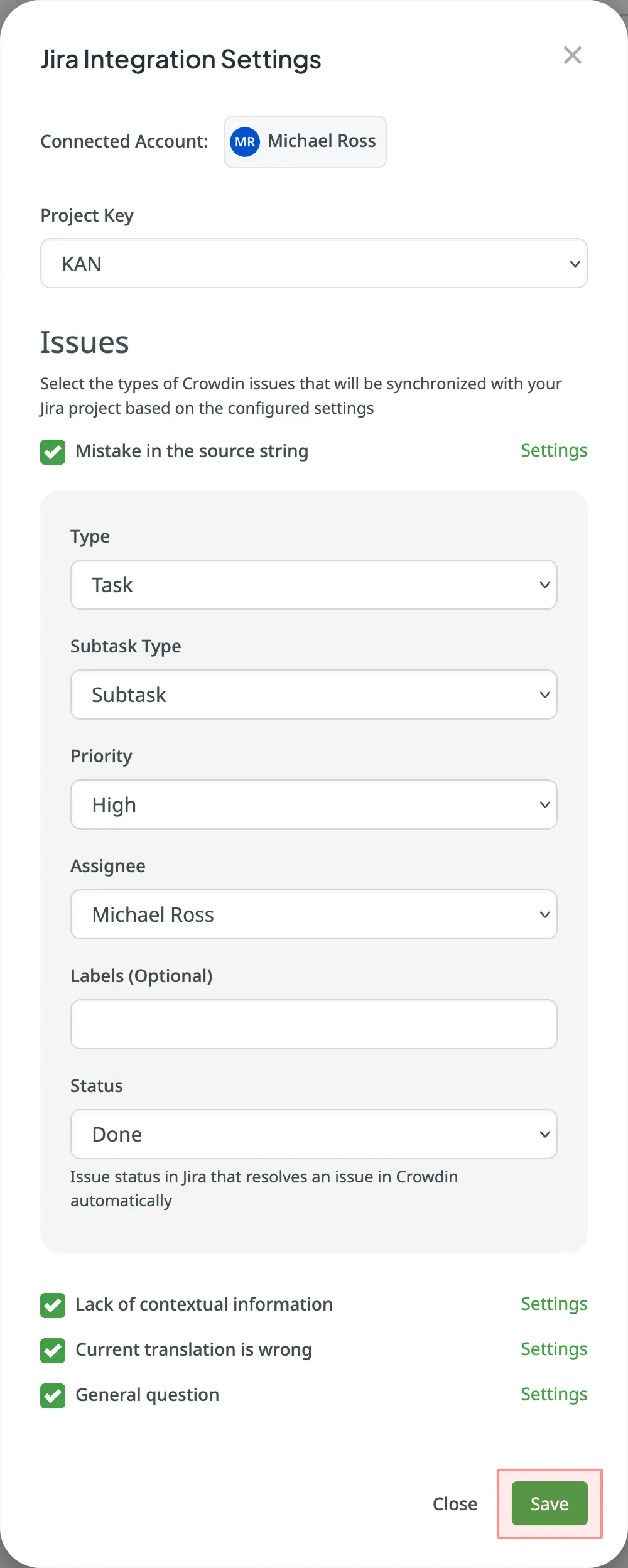 Jira Integration settings dialog